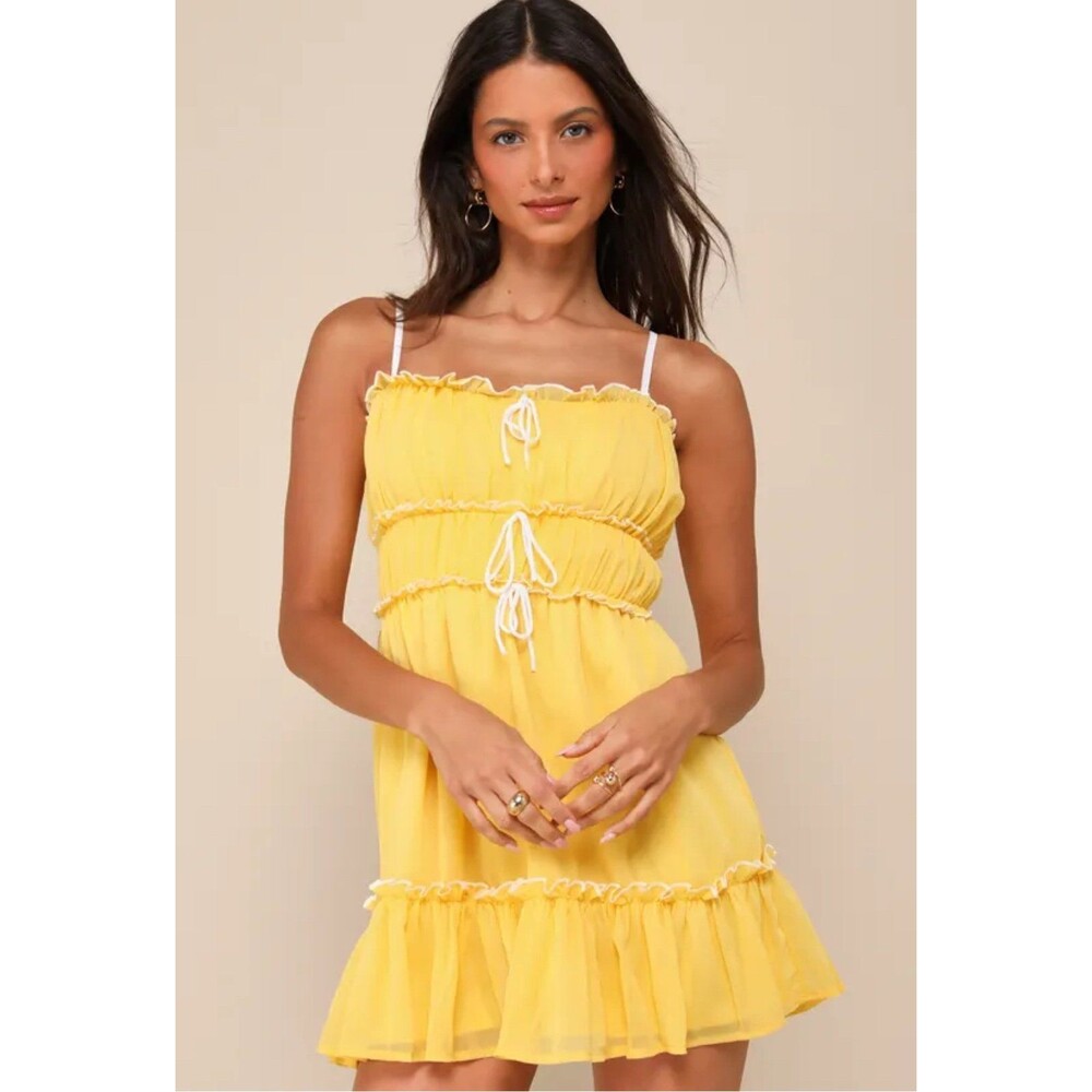 Lulus Exceedingly Perfect Yellow Chiffon Tiered Ruffled Mini Dress M NWT